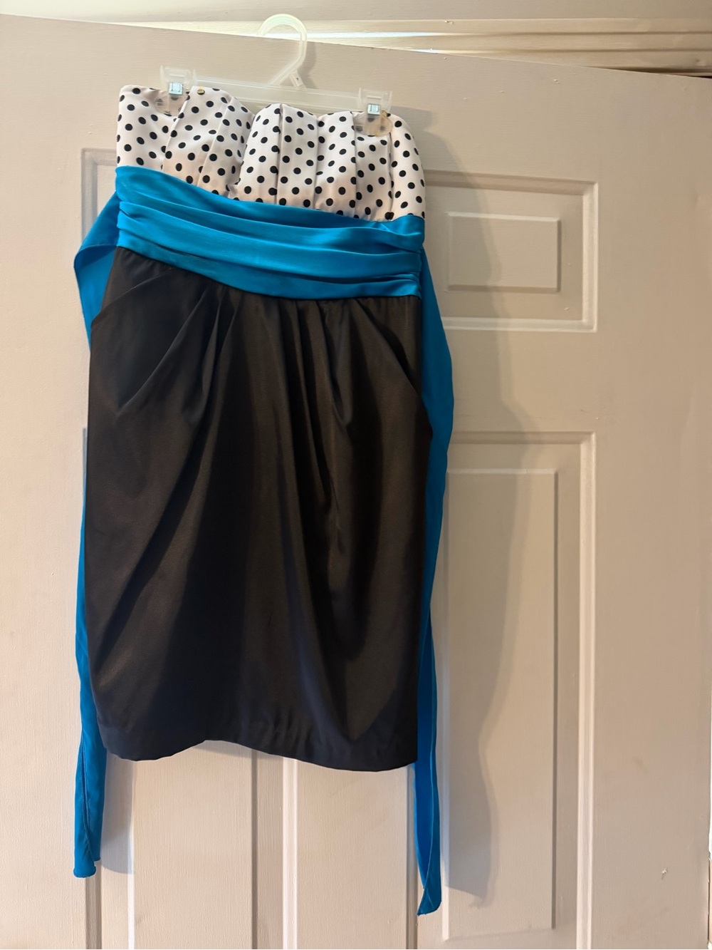 Strapless Polka Dot & Black Dress with Teal Sash